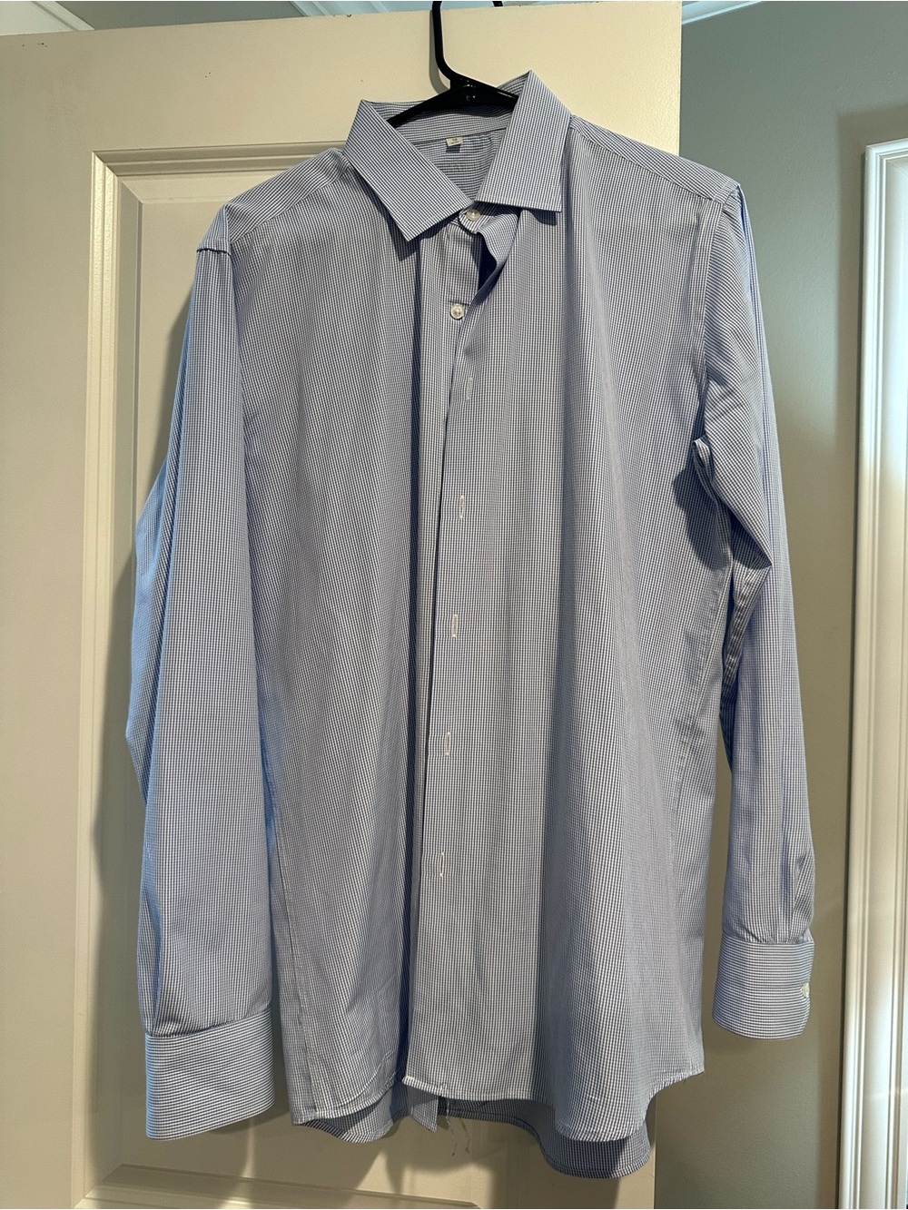 Classic Men's Light Blue and White Checked Dress Shirt - Long Sleeve